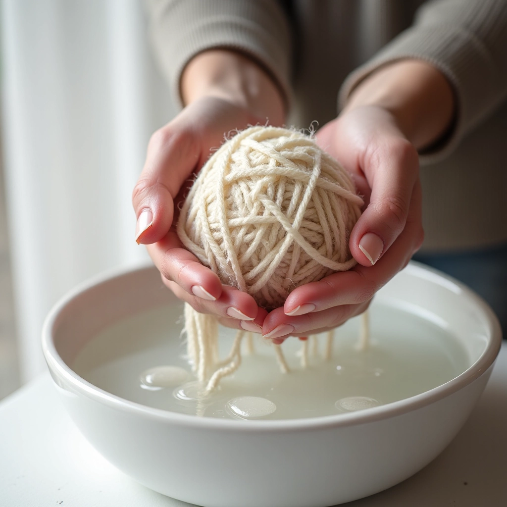 Hands gently washing merino wool yarn in cool water with care, soft lighting highlighting the texture of the wet fiber
